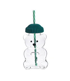 Jolie bouteille d'eau en verre en forme d'ours, avec bouchon à vis en silicone et métal et paille pratique